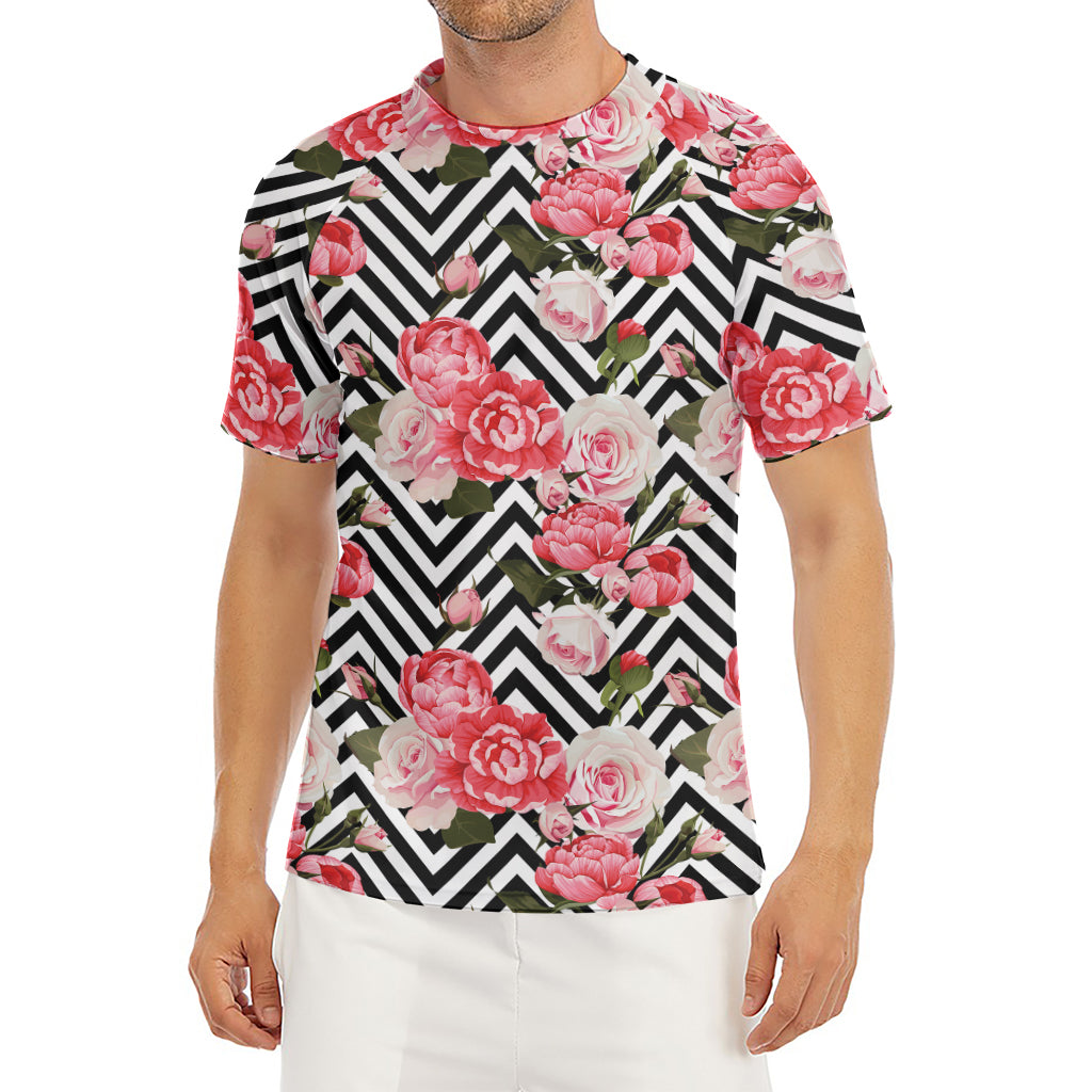 Zigzag Peony And Rose Pattern Print Men's Short Sleeve Rash Guard