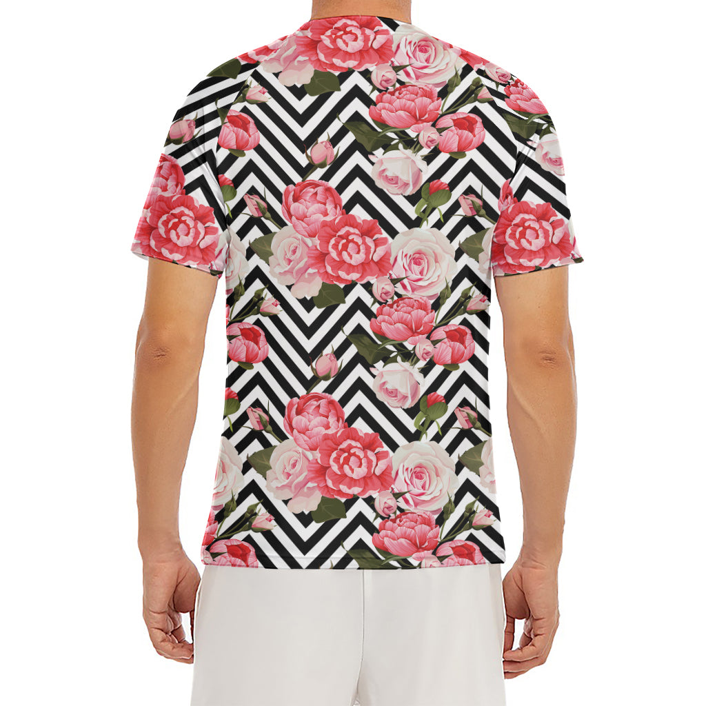 Zigzag Peony And Rose Pattern Print Men's Short Sleeve Rash Guard