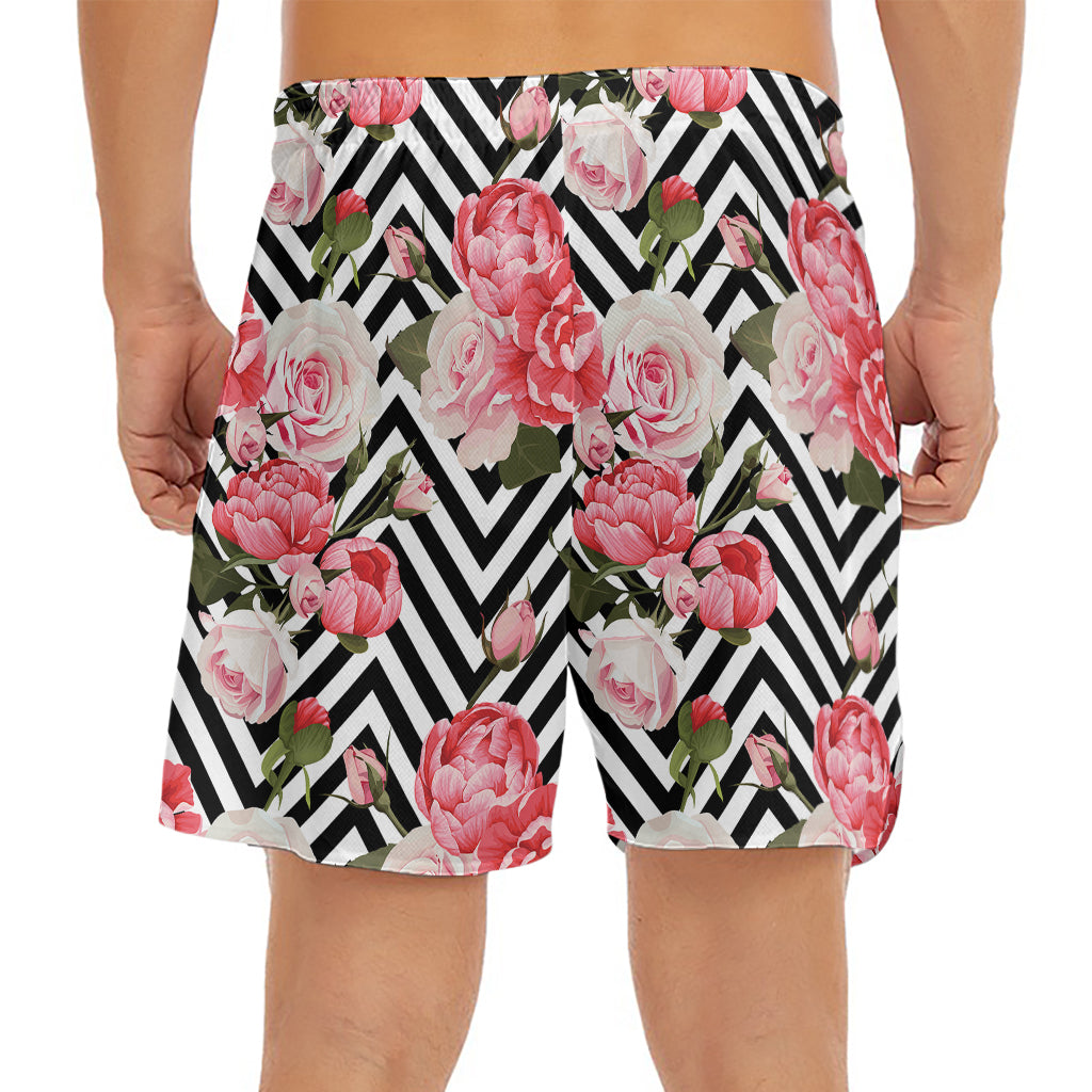 Zigzag Peony And Rose Pattern Print Men's Split Running Shorts