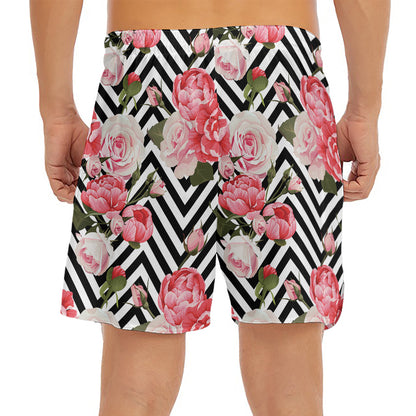 Zigzag Peony And Rose Pattern Print Men's Split Running Shorts
