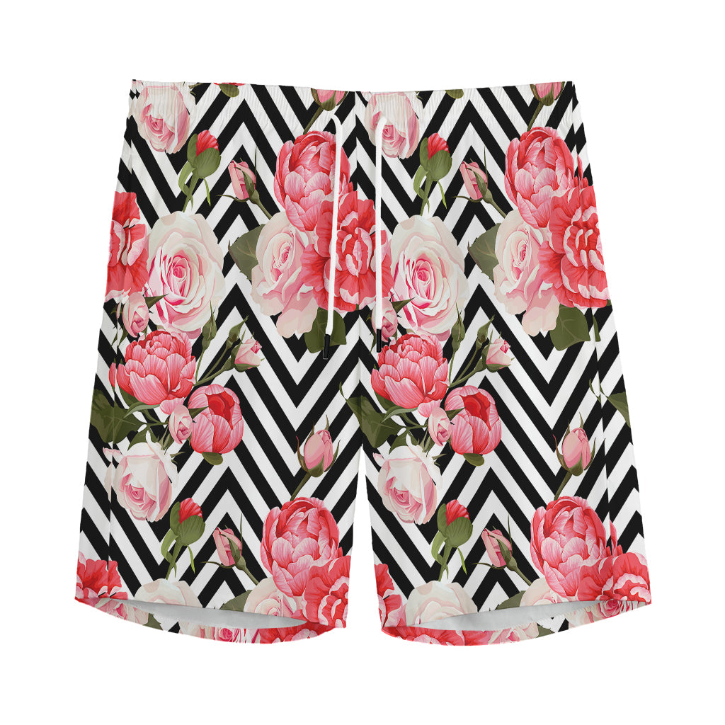 Zigzag Peony And Rose Pattern Print Men's Sports Shorts