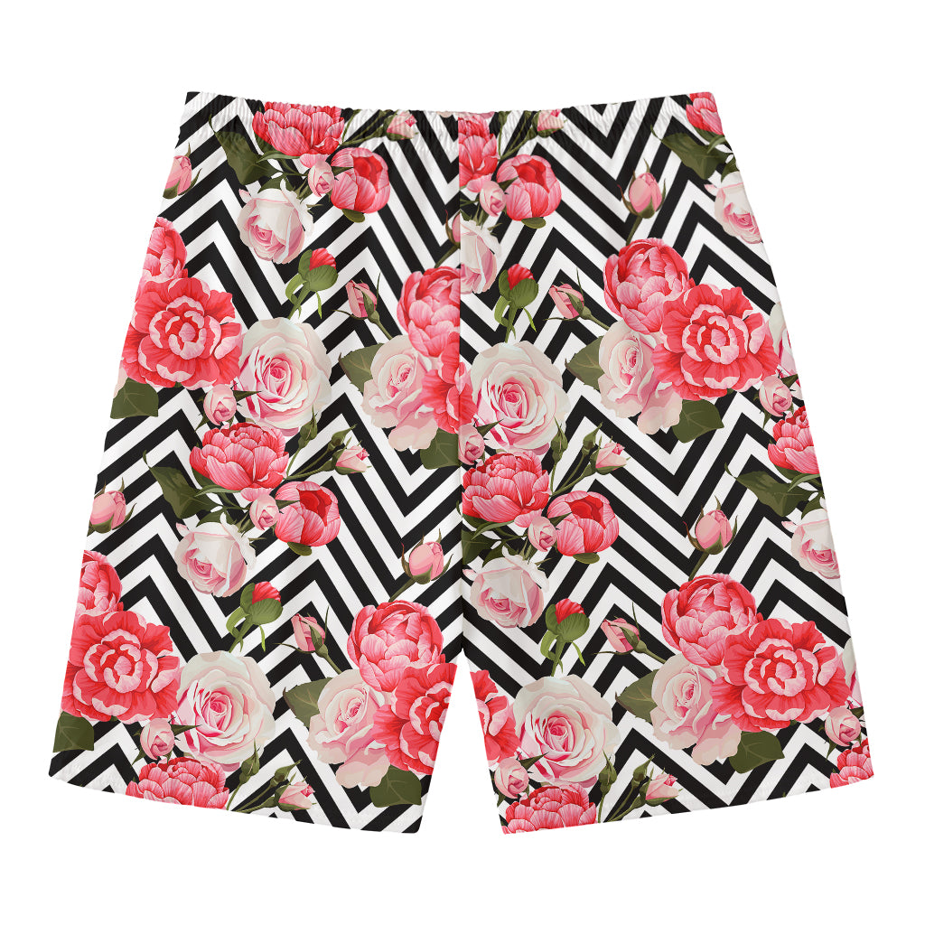 Zigzag Peony And Rose Pattern Print Men's Swim Trunks