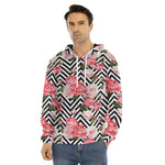 Zigzag Peony And Rose Pattern Print Men's Velvet Pullover Hoodie