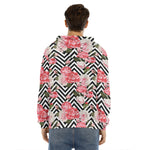 Zigzag Peony And Rose Pattern Print Men's Velvet Pullover Hoodie