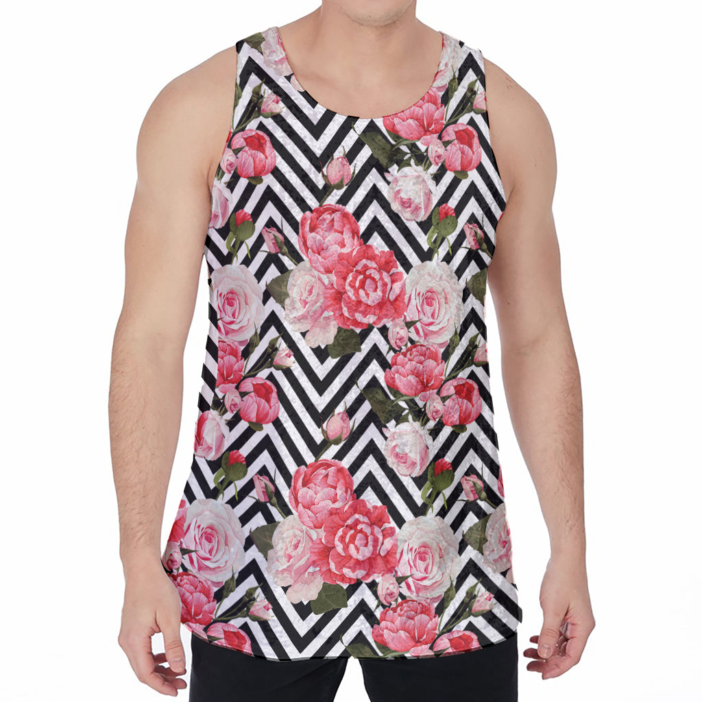 Zigzag Peony And Rose Pattern Print Men's Velvet Tank Top
