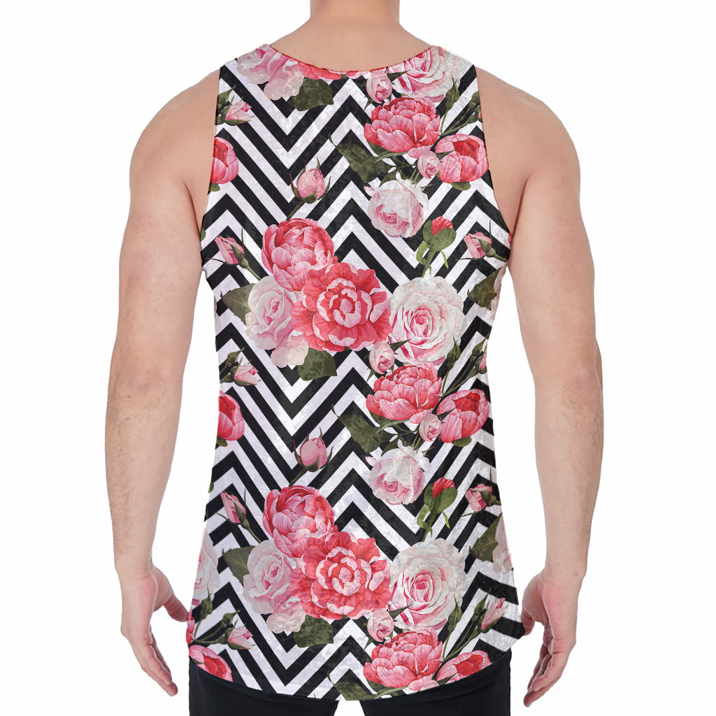 Zigzag Peony And Rose Pattern Print Men's Velvet Tank Top