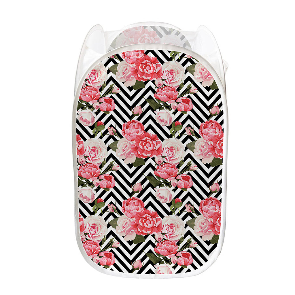 Zigzag Peony And Rose Pattern Print Mesh Laundry Hamper