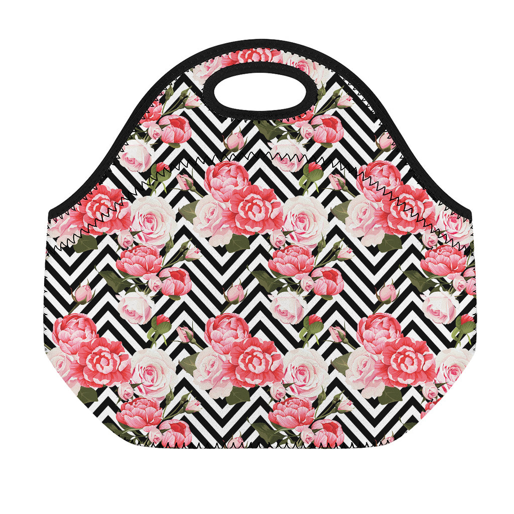 Zigzag Peony And Rose Pattern Print Neoprene Lunch Bag