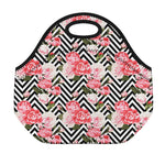 Zigzag Peony And Rose Pattern Print Neoprene Lunch Bag