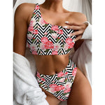 Zigzag Peony And Rose Pattern Print One Shoulder Bikini Top