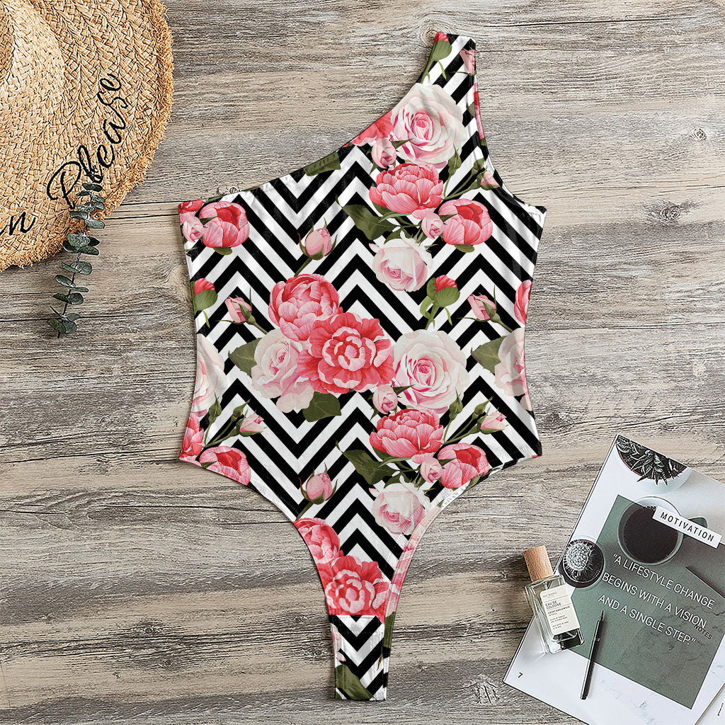 Zigzag Peony And Rose Pattern Print One Shoulder Bodysuit