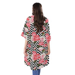 Zigzag Peony And Rose Pattern Print Open Front Beach Cover Up
