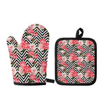 Zigzag Peony And Rose Pattern Print Oven Mitt And Pot Holder Set