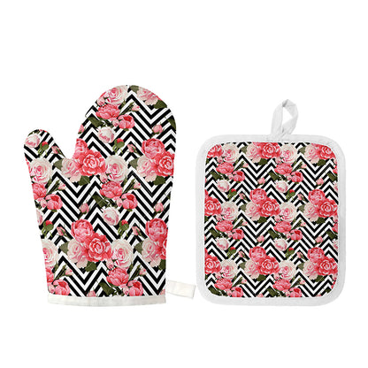 Zigzag Peony And Rose Pattern Print Oven Mitt And Pot Holder Set