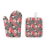 Zigzag Peony And Rose Pattern Print Oven Mitt And Pot Holder Set