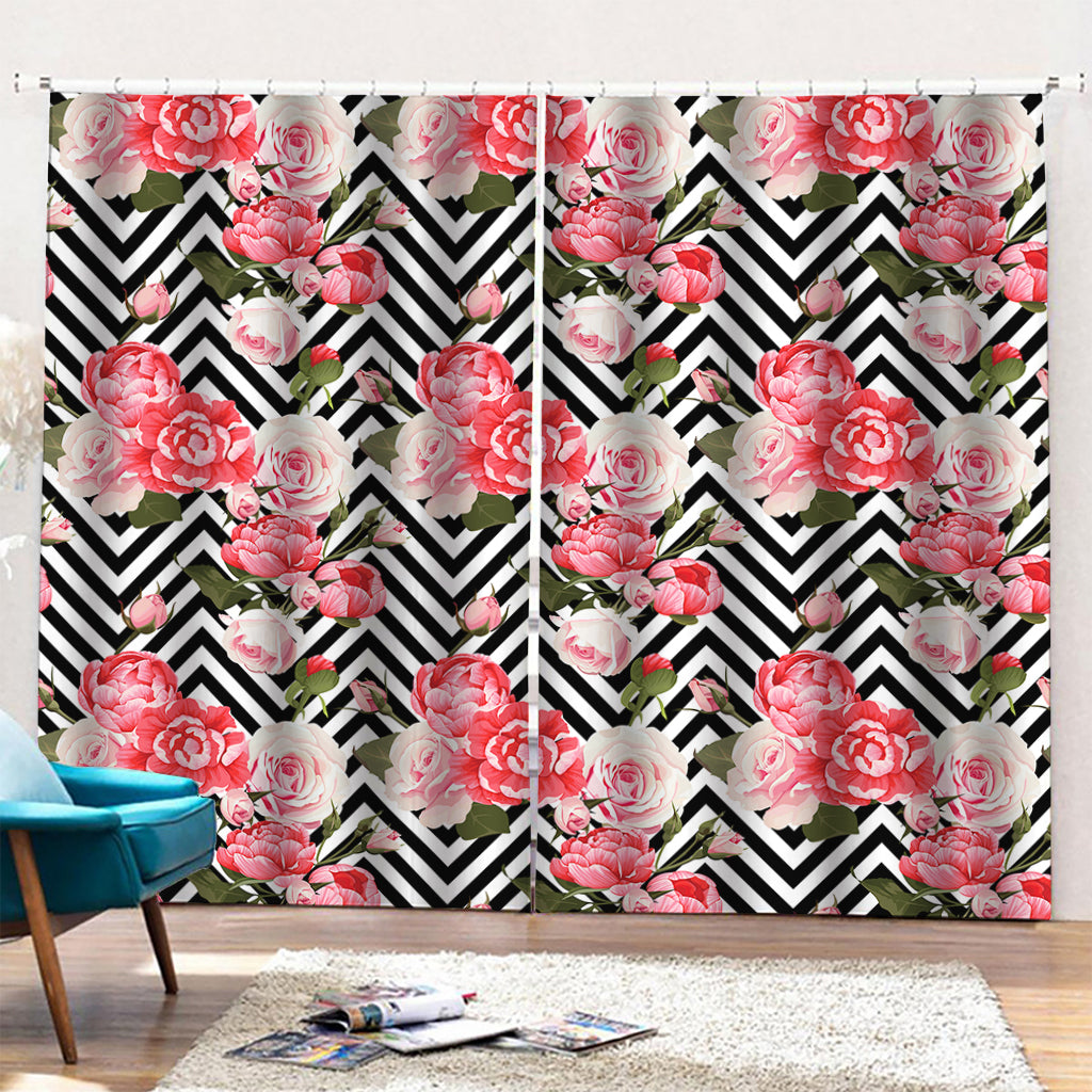 Zigzag Peony And Rose Pattern Print Pencil Pleat Curtains
