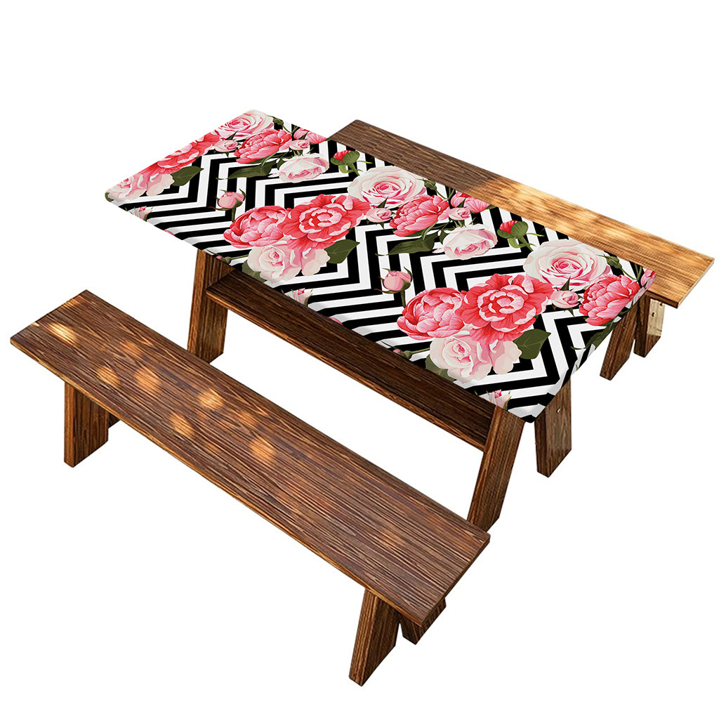 Zigzag Peony And Rose Pattern Print Picnic Table Cover