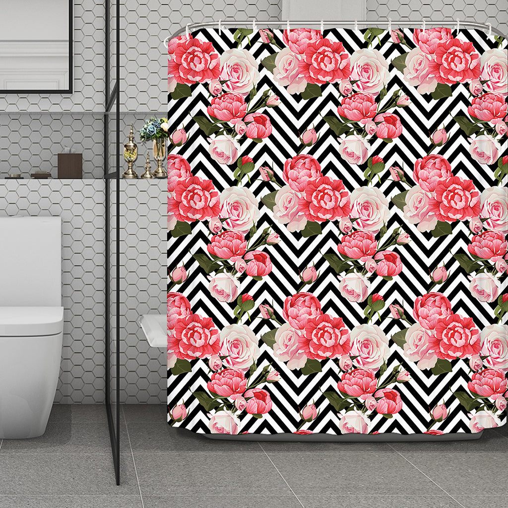 Zigzag Peony And Rose Pattern Print Polyester Shower Curtain