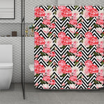 Zigzag Peony And Rose Pattern Print Polyester Shower Curtain