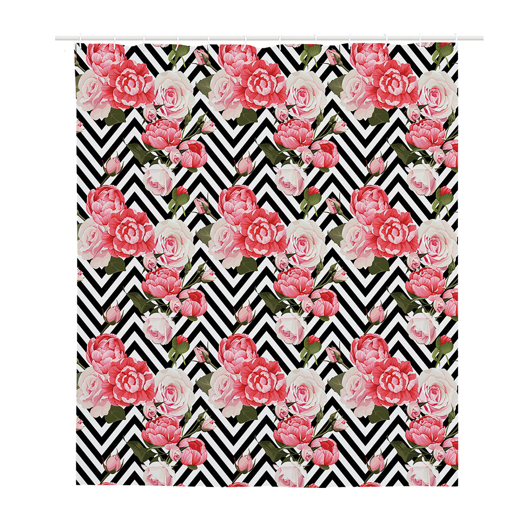 Zigzag Peony And Rose Pattern Print Polyester Shower Curtain