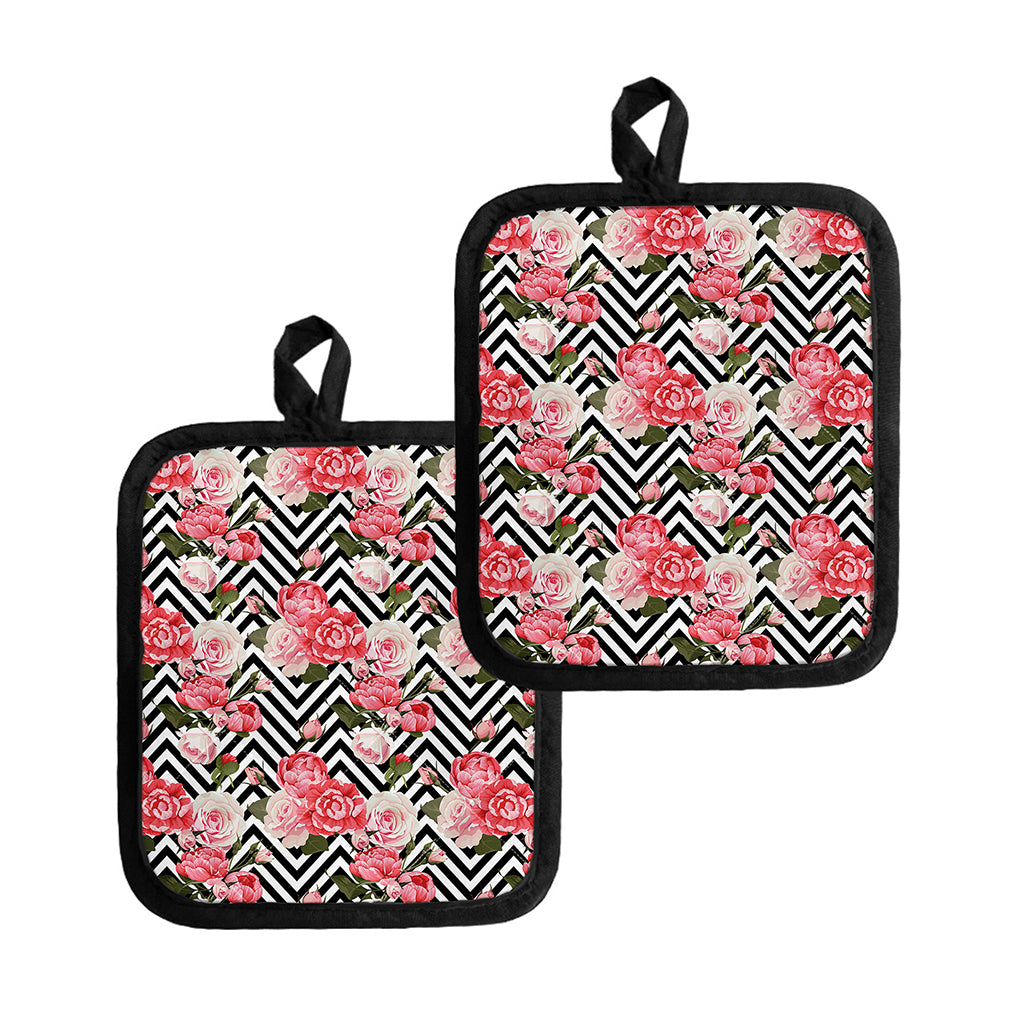 Zigzag Peony And Rose Pattern Print Pot Holders