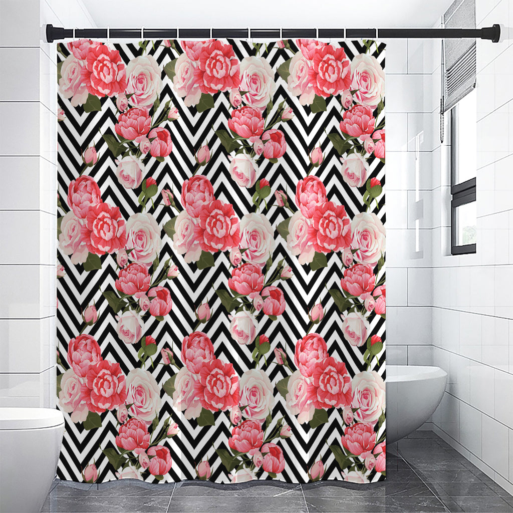 Zigzag Peony And Rose Pattern Print Premium Shower Curtain