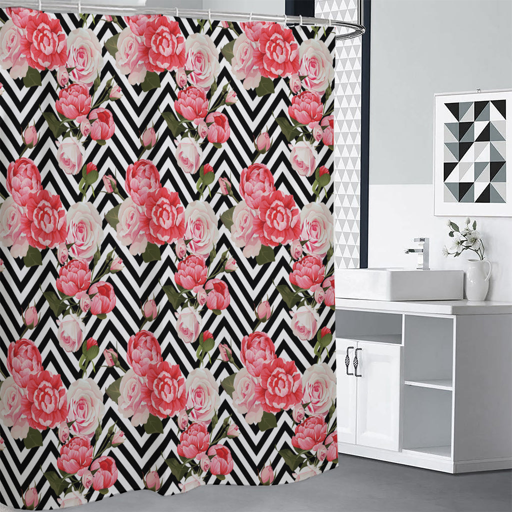 Zigzag Peony And Rose Pattern Print Premium Shower Curtain