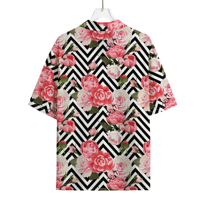 Zigzag Peony And Rose Pattern Print Rayon Hawaiian Shirt