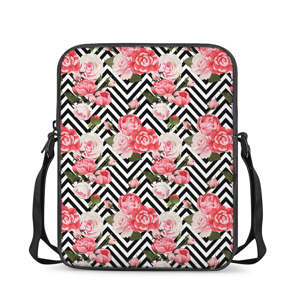 Zigzag Peony And Rose Pattern Print Rectangular Crossbody Bag