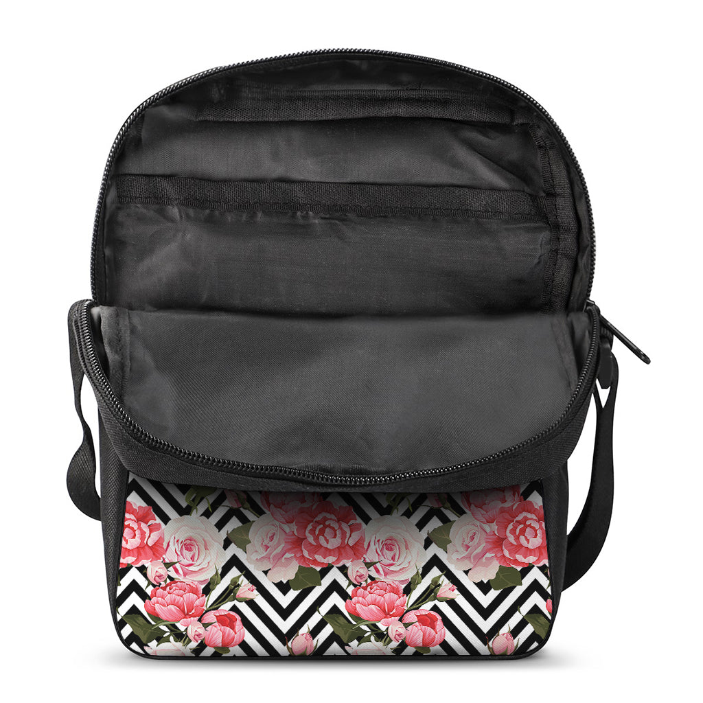 Zigzag Peony And Rose Pattern Print Rectangular Crossbody Bag