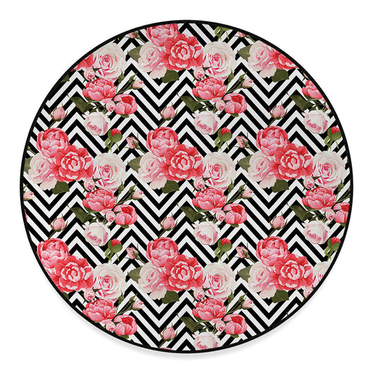 Zigzag Peony And Rose Pattern Print Round Floor Mat