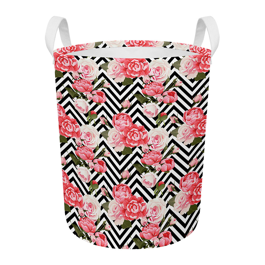 Zigzag Peony And Rose Pattern Print Round Laundry Basket