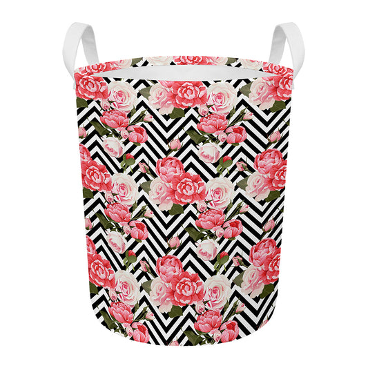 Zigzag Peony And Rose Pattern Print Round Laundry Basket