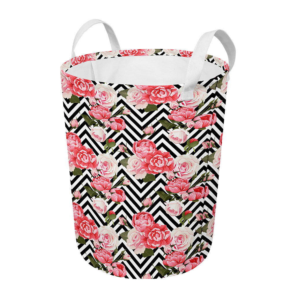 Zigzag Peony And Rose Pattern Print Round Laundry Basket