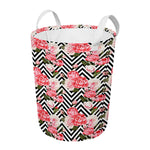 Zigzag Peony And Rose Pattern Print Round Laundry Basket