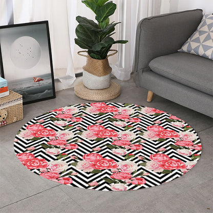 Zigzag Peony And Rose Pattern Print Round Rug