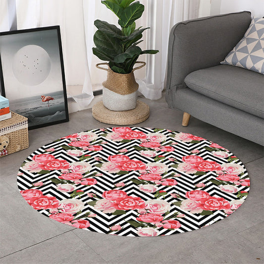 Zigzag Peony And Rose Pattern Print Round Rug