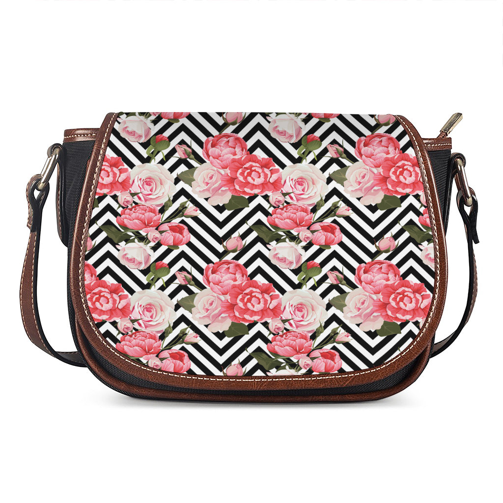 Zigzag Peony And Rose Pattern Print Saddle Bag