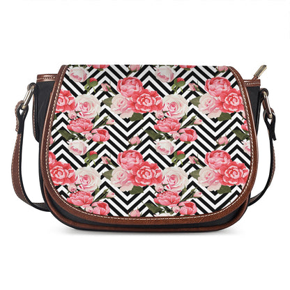 Zigzag Peony And Rose Pattern Print Saddle Bag