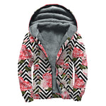 Zigzag Peony And Rose Pattern Print Sherpa Lined Zip Up Hoodie