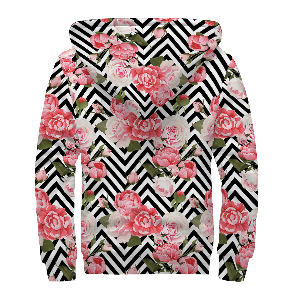 Zigzag Peony And Rose Pattern Print Sherpa Lined Zip Up Hoodie