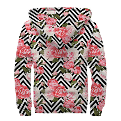 Zigzag Peony And Rose Pattern Print Sherpa Lined Zip Up Hoodie