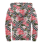 Zigzag Peony And Rose Pattern Print Sherpa Lined Zip Up Hoodie