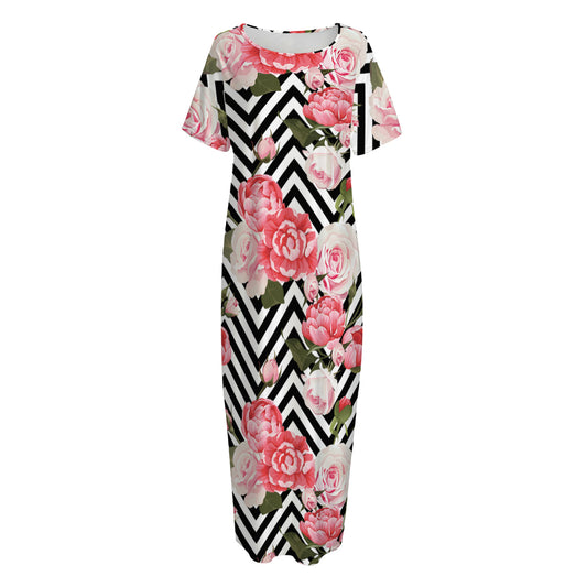 Zigzag Peony And Rose Pattern Print Short Sleeve Long Nightdress