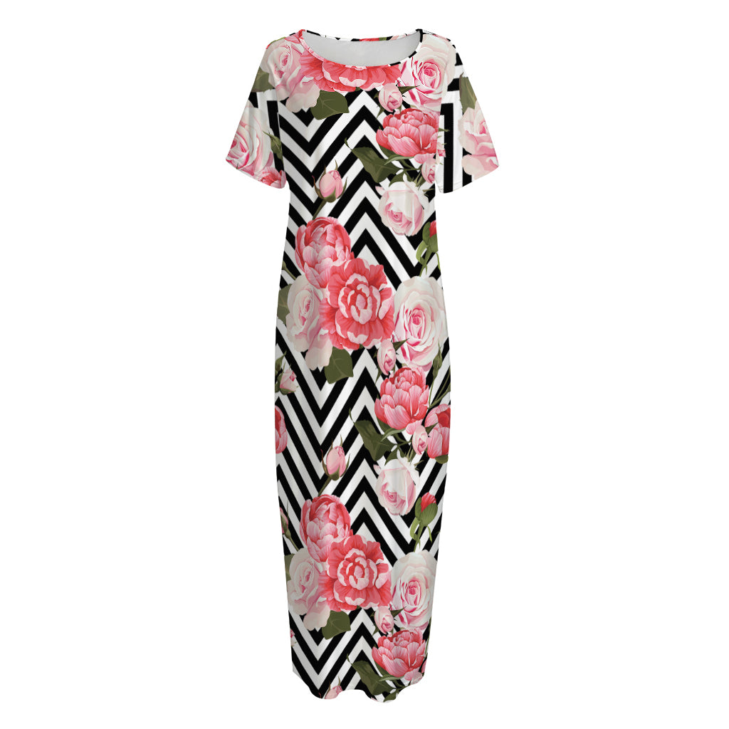 Zigzag Peony And Rose Pattern Print Short Sleeve Long Nightdress