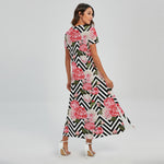 Zigzag Peony And Rose Pattern Print Short Sleeve Maxi Dress