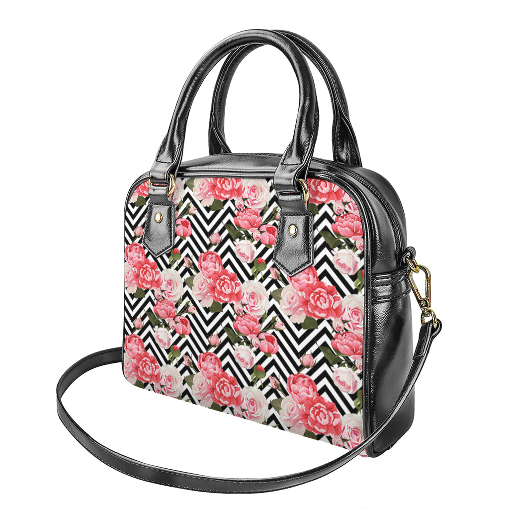 Zigzag Peony And Rose Pattern Print Shoulder Handbag