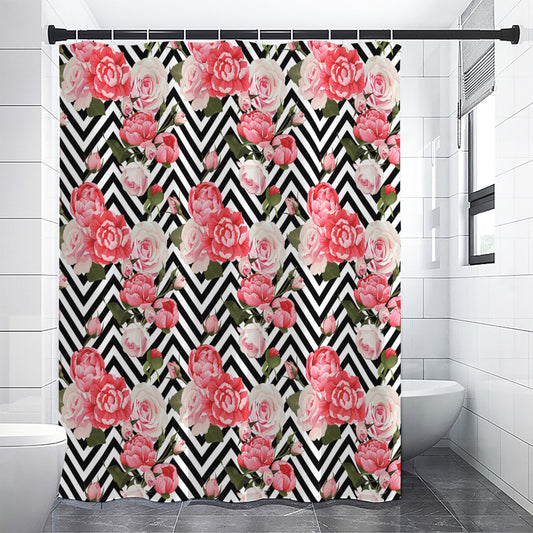 Zigzag Peony And Rose Pattern Print Shower Curtain