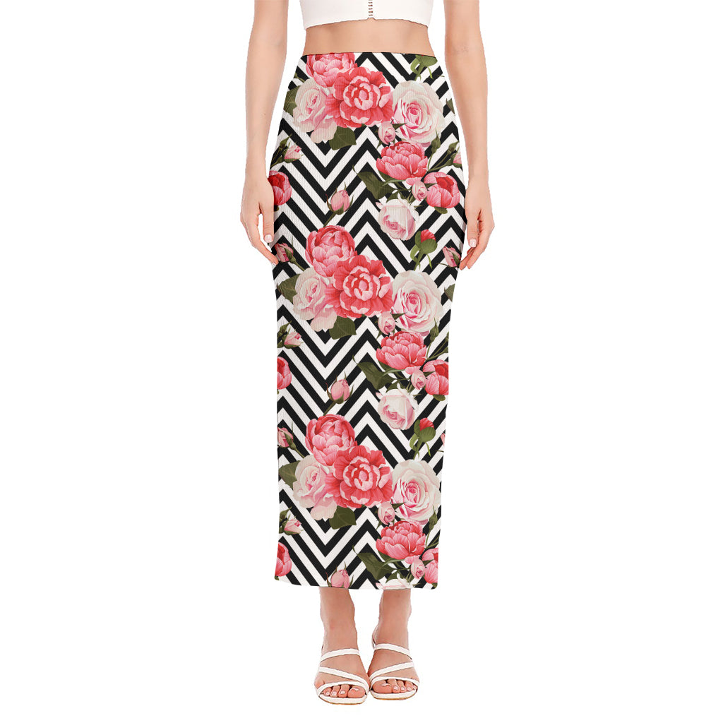 Zigzag Peony And Rose Pattern Print Side Slit Maxi Skirt
