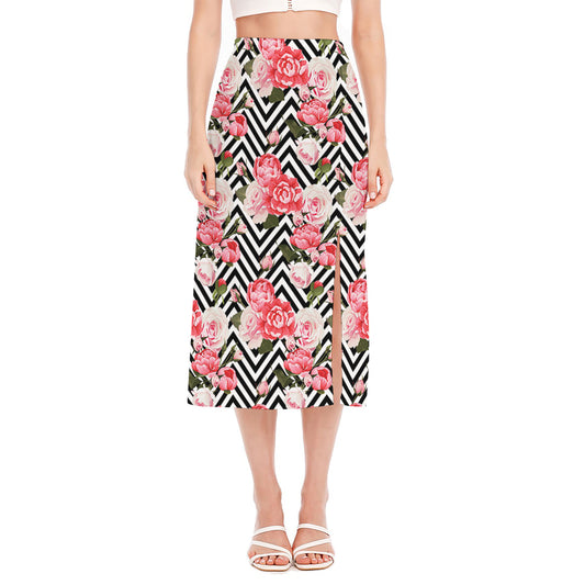 Zigzag Peony And Rose Pattern Print Side Slit Midi Skirt